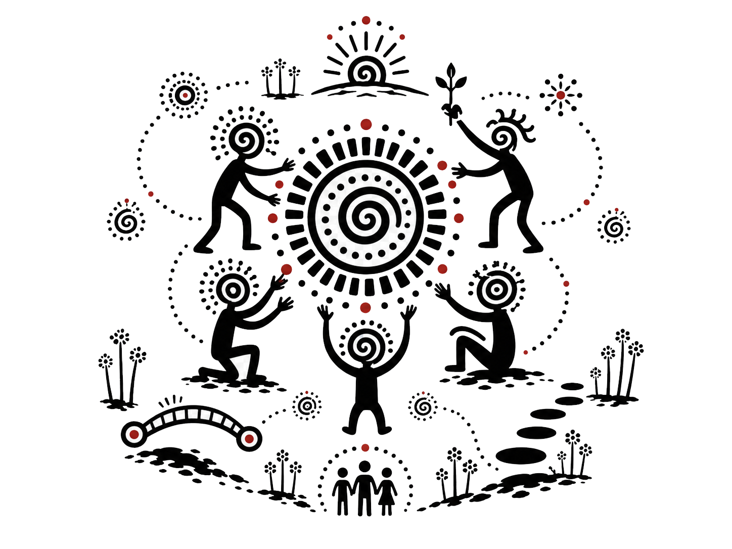 Personajes de la Cultura Yuco se reúnen alrededor de una espiral conectada con caminos, un puente y una comunidad.